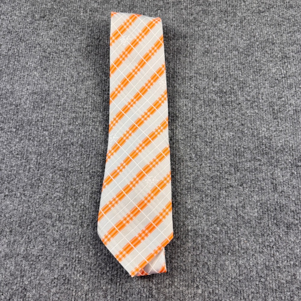 Burberry Necktie Mens OS Orange Grey Good Silk Plaid Logo Handmade